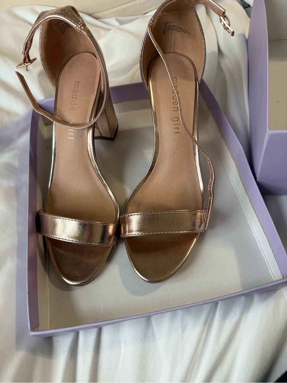 Madden Girl Rose Gold Metallic Ankle Strap Block Heels